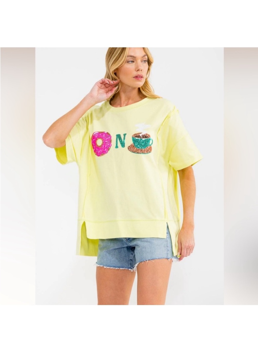 Womens short sleeve sequins graphic high-low oversized to new